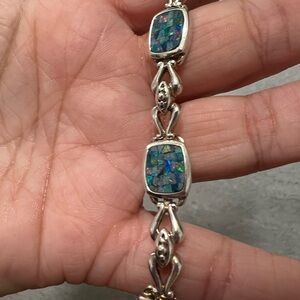 925 STERLING SILVER BLUE CRUSHED  FIRE MOSAIC OPAL INLAY BRACELET 7 INCH